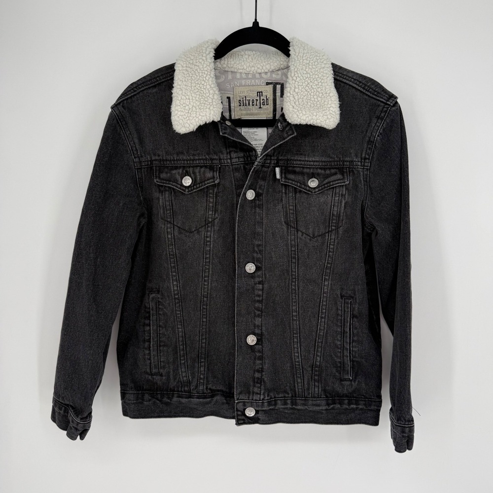 LEVI'S SILVER TAB KIDS WASHED‎ BLACK DENIM TRUCKER JACKET SHERPA COLLAR SZ 12/13